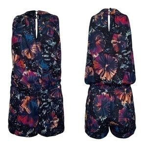 BCBGMaxazria Thalia blue carbon multi floral print faux wrap romper